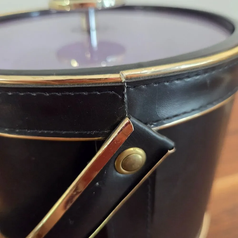Vintage Mid Century MCM Black Faux Leather Ice Bucket Retro Barware Cocktails